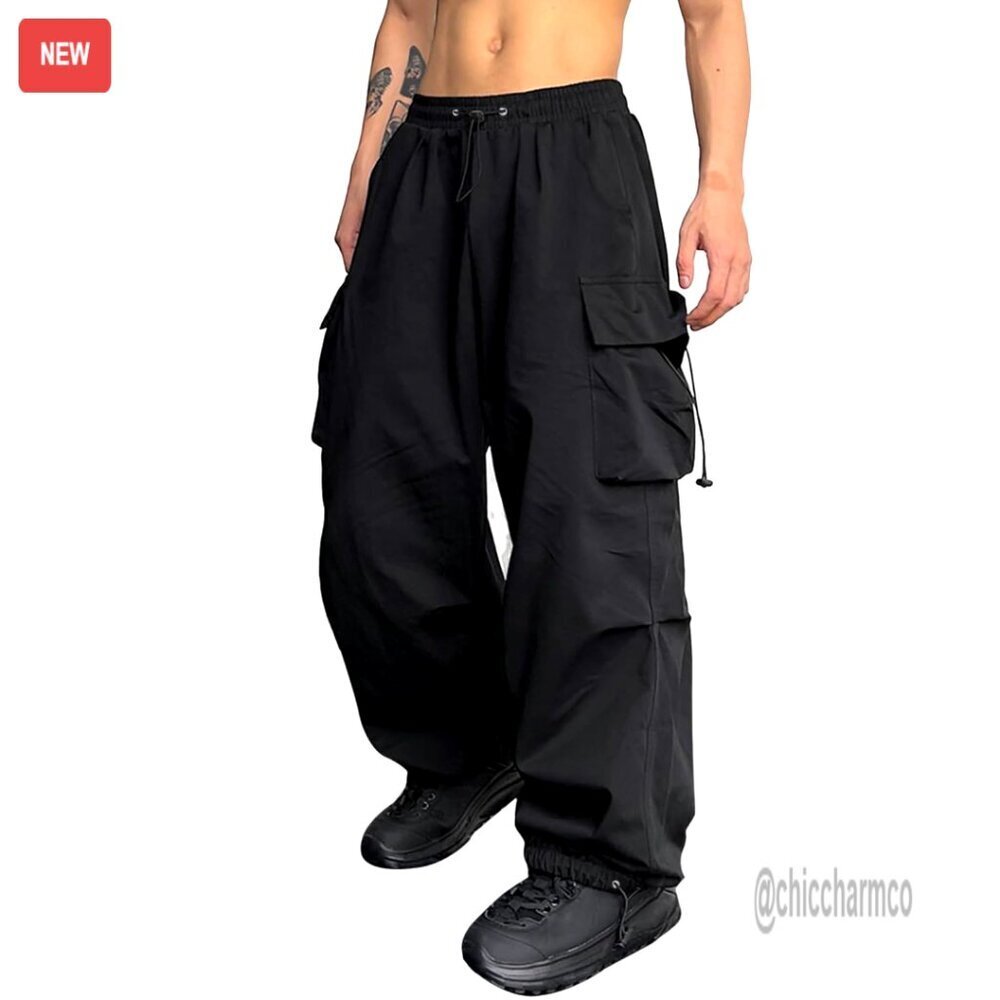 Men's Parachute Cargo Pants Baggy Drawstring Casual Streetwear
